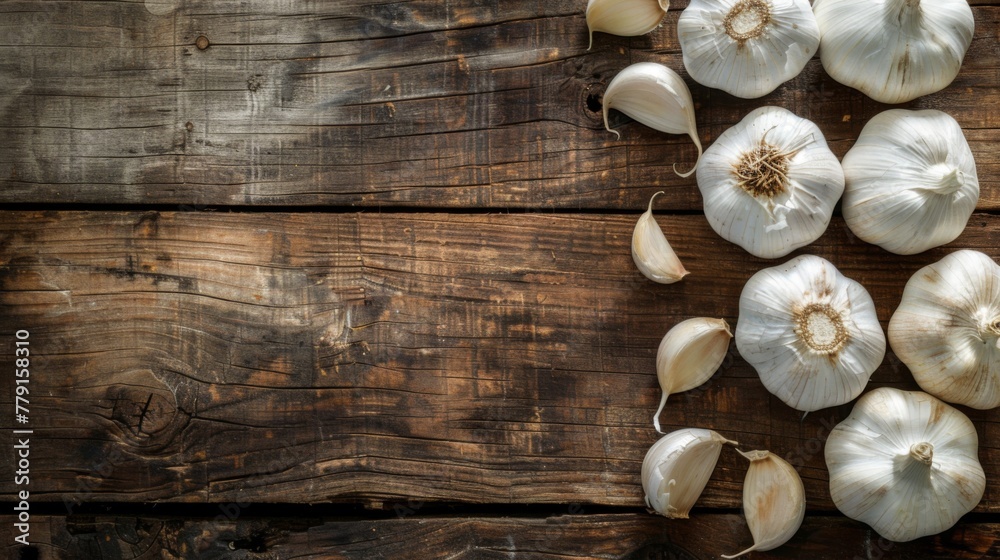 Garlic laying on wooden table cooking recipe banner concept - obrazy, fototapety, plakaty 
