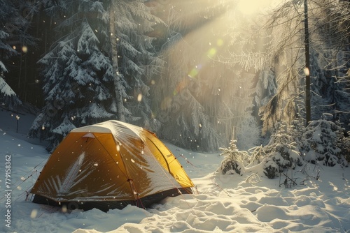 Camping tent in snow forest. Winter hiking.