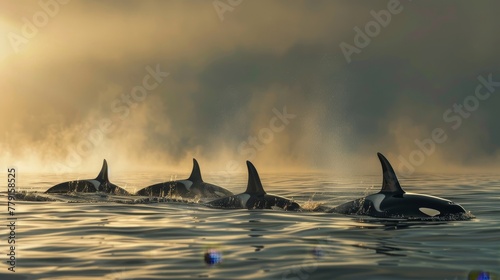 Orca pod hunting gracefully in the open ocean captured in a masterpiece photography