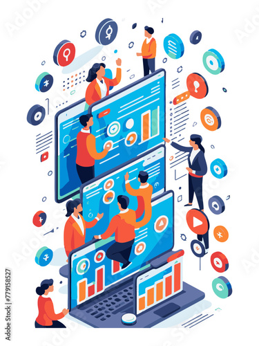 set business flat vector illustration design style concept. for graphic and web page banners, data analytics cartoon character design. team online video conference meeting. business planning, data ana