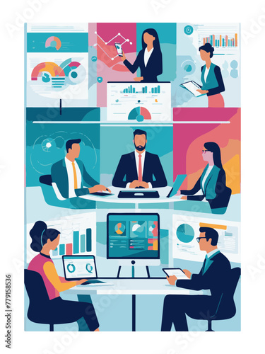 set business flat vector illustration design style concept. for graphic and web page banners, data analytics cartoon character design. team online video conference meeting. business planning, data ana