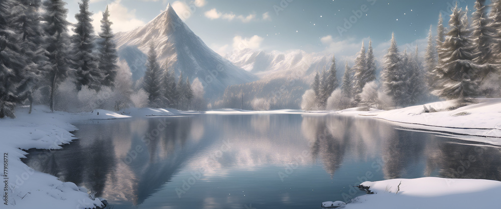 Fototapeta premium A breathtaking winter landscape with snow-covered mountains, towering pines, and an idyllic lake reflecting the serene beauty of nature. generative ai