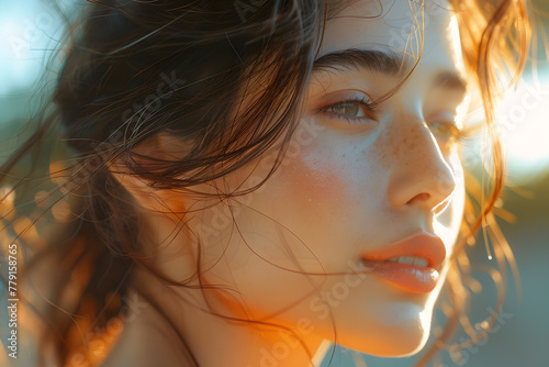 Close up portrait of beautiful Woman with sun-kissed cheeks, looking from the side photo