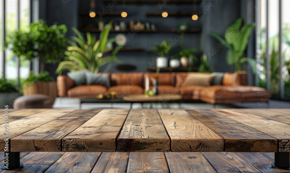 Wood table top on blur living room have leather sofa and decoration minimal Wood table top on blur living room have leather sofa and decoration minimal