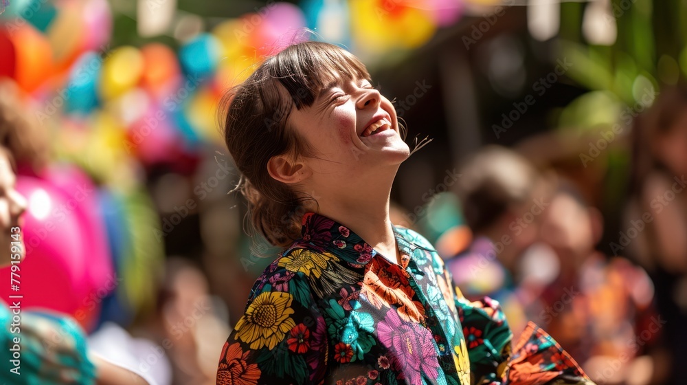 A woman with Down syndrome wearing a colorful floral shirt smiles and looks up, surrounded by a crowd and colorful decorations.