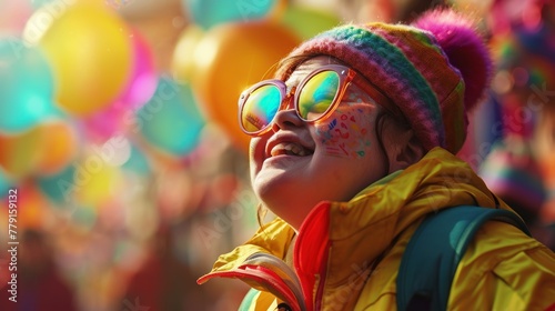 A woman with Down syndrome in a bright outfit and sunglasses, whose face is painted with the colors of the rainbow. She has a backpack and is surrounded by balloons.