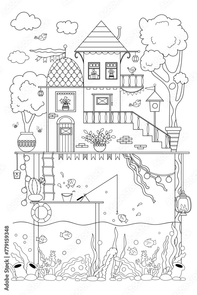 Anti-Stress Coloring Page Featuring A Cute House By The River For Both Children And Adults, Filled With Numerous Details