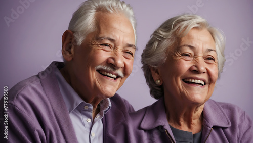 Heiteres Seniorenpaar in harmonischen Lila-Tönen teilt ein herzliches Lachen photo