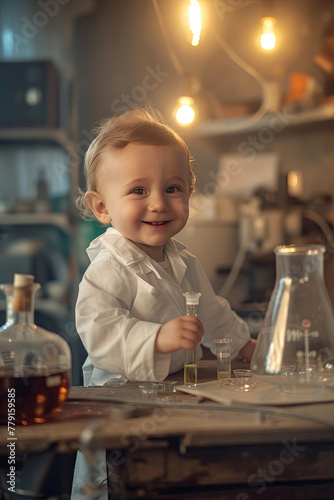 the concept of a baby doing a chemical experiment