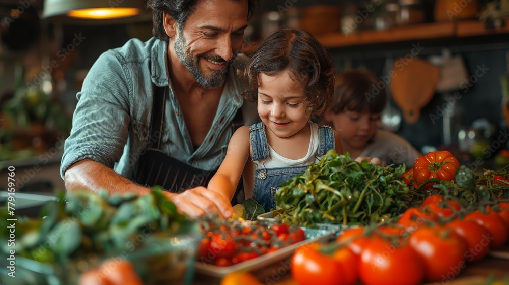 In a cozy kitchen, a father with a beard smiles as he helps his young daughter pick out the best fresh tomatoes, with another child focused on their task in the background.
