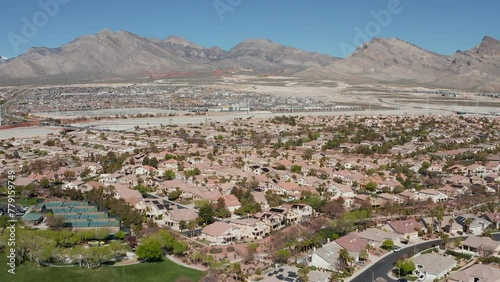 Aerial view of Summerlin, Las Vegas residence with mountain range in background