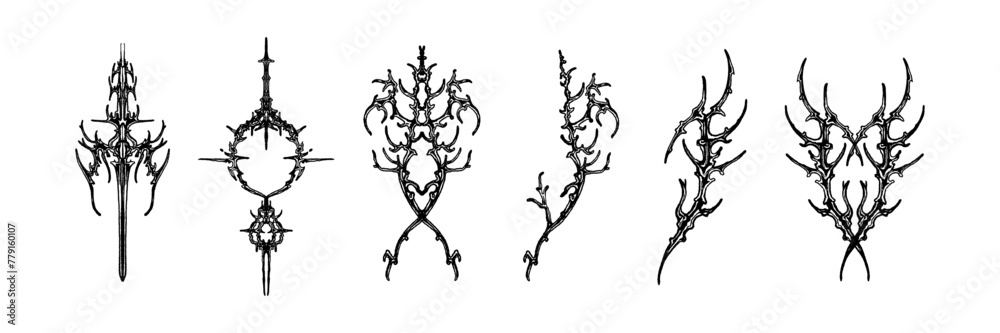 Naklejka premium Neo tribal gothic tattoo set, y2k retro futuristic cyber symmetry shapes, vector dark roots branches. Metal music cover print, alien surreal illustration, sword, star grunge clipart. Neo tribal symbol