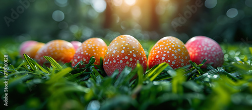 Easter week concept banner, colorful easter eggs on green grass, green wall plaster background