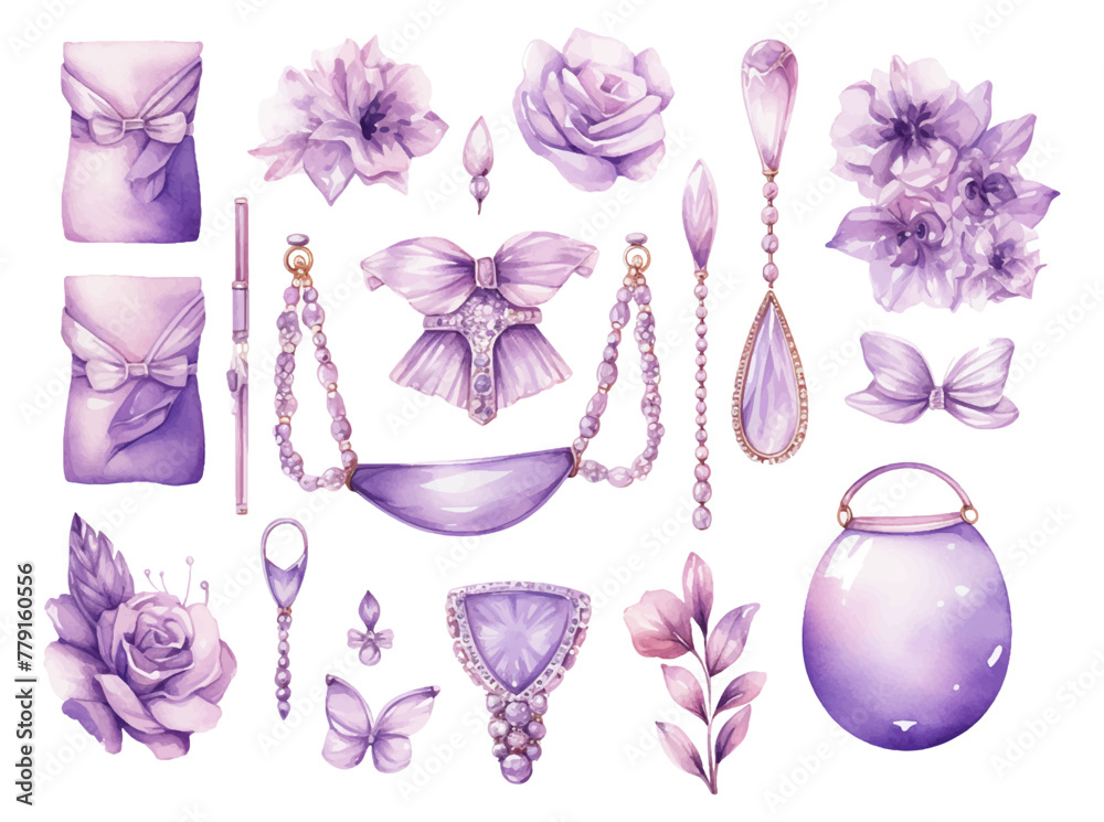 Set collection of purple delicate accessories of a fairy princess watercolor drawing isolated on a white background soft lavender color