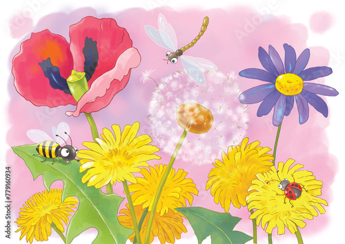 Flowers and insects. Coloring page. Illustration for children. Cute and funny cartoon characters