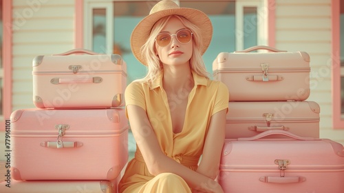 Trendy woman in summer attire seated with stylish pastel luggage