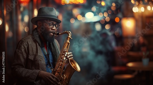 A musician immersed in his performance, the warm tones evoking a cozy, intimate jazz club atmosphere, his passion palpable