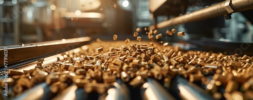 Capture a detailed image of wood pellets being fed into an industrial boiler, highlighting the renewable energy source in a clean and focused manner photo