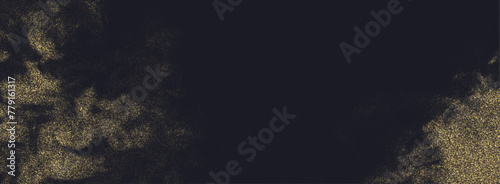 Abstract vector golden glittering dust particles and flowing smoke on black. Gold halftone pattern made by stipple dots.