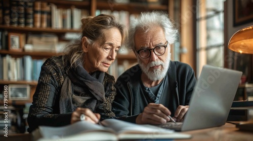 An elderly couple is deeply engrossed in research  reading from a laptop screen in a home library filled with books  reflecting a shared quest for knowledge.