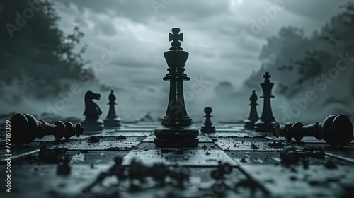 Capture a solitary chess king standing on a digital chessboard, surrounded by fallen pieces from both sides, symbolizing the lonely responsibility of leadership after a hard-fought battle