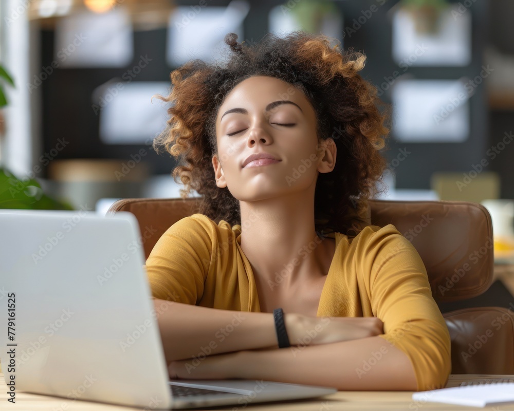 Capture an individual taking a deep breath, eyes closed, in front of a laptop screen filled with unread emails, depicting a moment of stress and the need for a digital break Capture an individual taking a deep breath, eyes closed, in front of a laptop screen filled with unread emails, depicting a moment of stress and the need for a digital break
