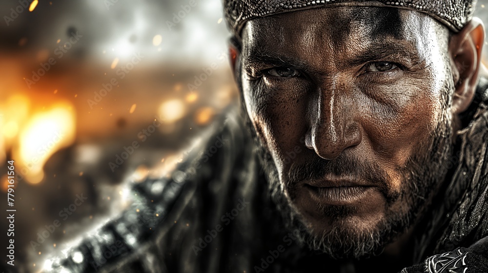 An intense scene of a warrior in detailed armor in the midst of a fiery battlefield explosion An intense scene of a warrior in detailed armor in the midst of a fiery battlefield explosion