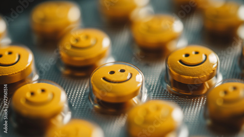 Depression therapy. Happiness pill. Help from a psychologist concept. Emoticons in a pill blister