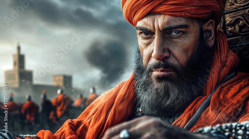 A precise digital representation of a bearded man in an orange turban with an immersive historical city background photo
