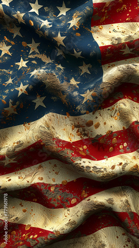 A close-up of a textured American flag with a vintage feel, showcasing the stars and stripes draped elegantly with a sense of depth and history.