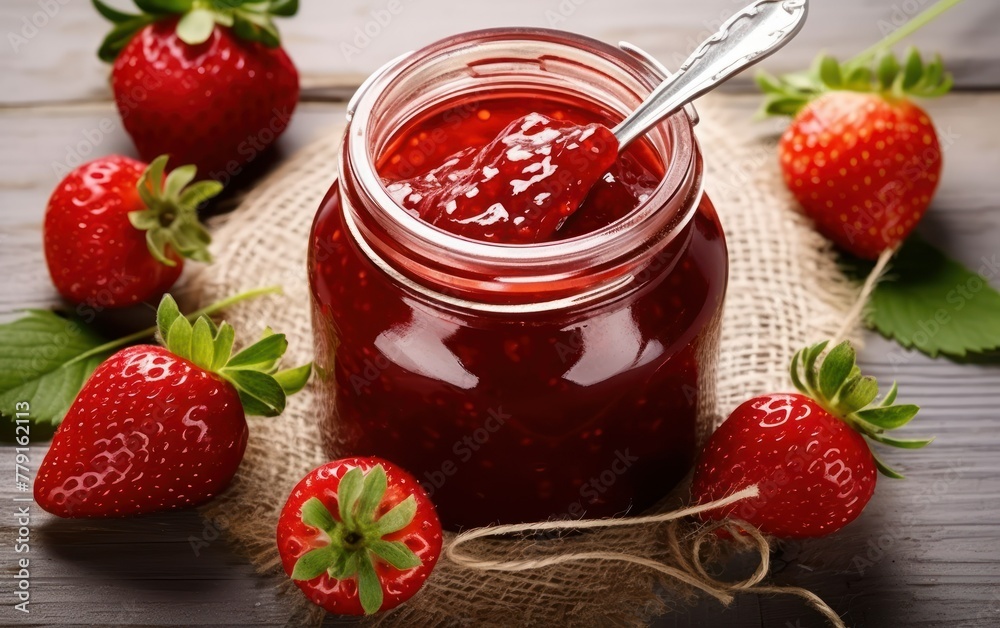 Strawberry jam in a jar with fresh berries Strawberry jam in a jar with fresh berries