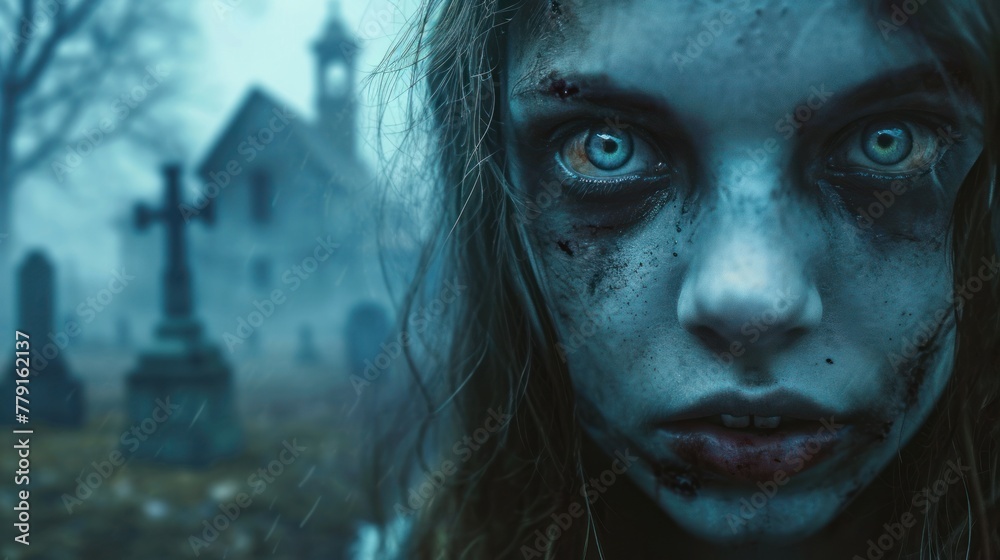 A zombie girl with blue eyes and a blue face stares into the camera. She is in front of a cemetery with a church in the background. A zombie girl with blue eyes and a blue face stares into the camera. She is in front of a cemetery with a church in the background.
