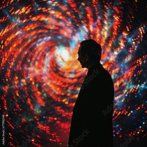 Take a photo of a businessman in a dark room, lit only by the glow of a screen displaying an abstract, swirling mass of colorful pixels, representing the allure and complexity of the digital age