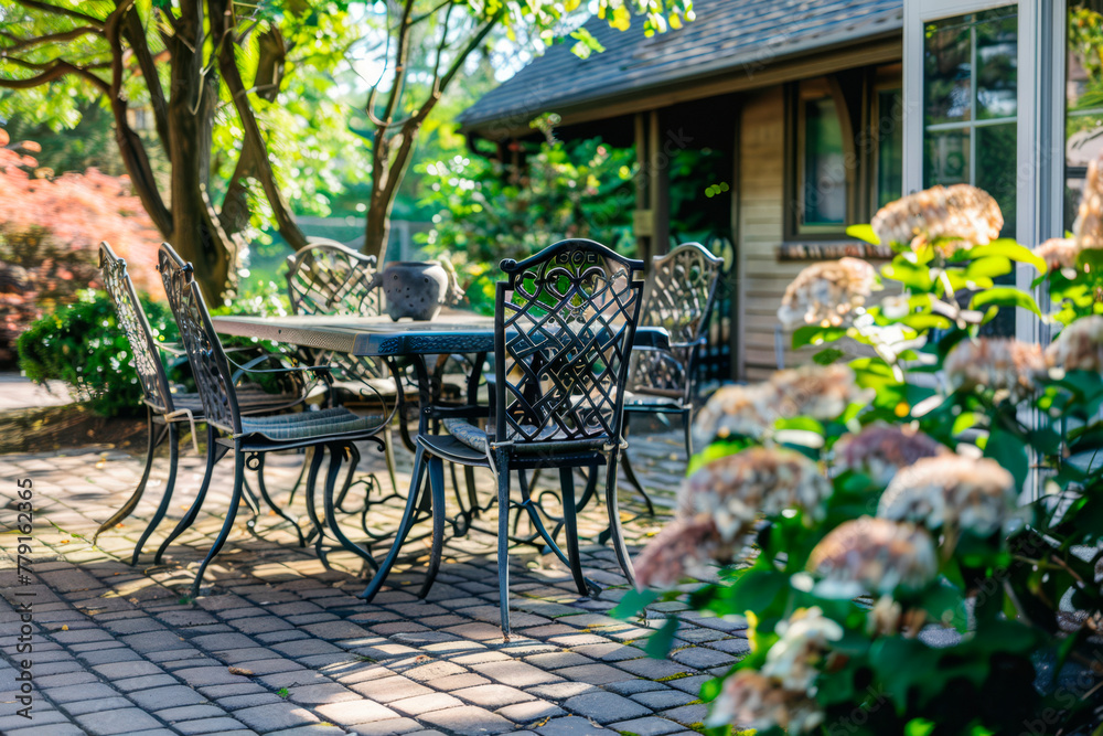 Cozy vintage backyard full of beautiful flowers. Chairs and table arranged in patio outside house.