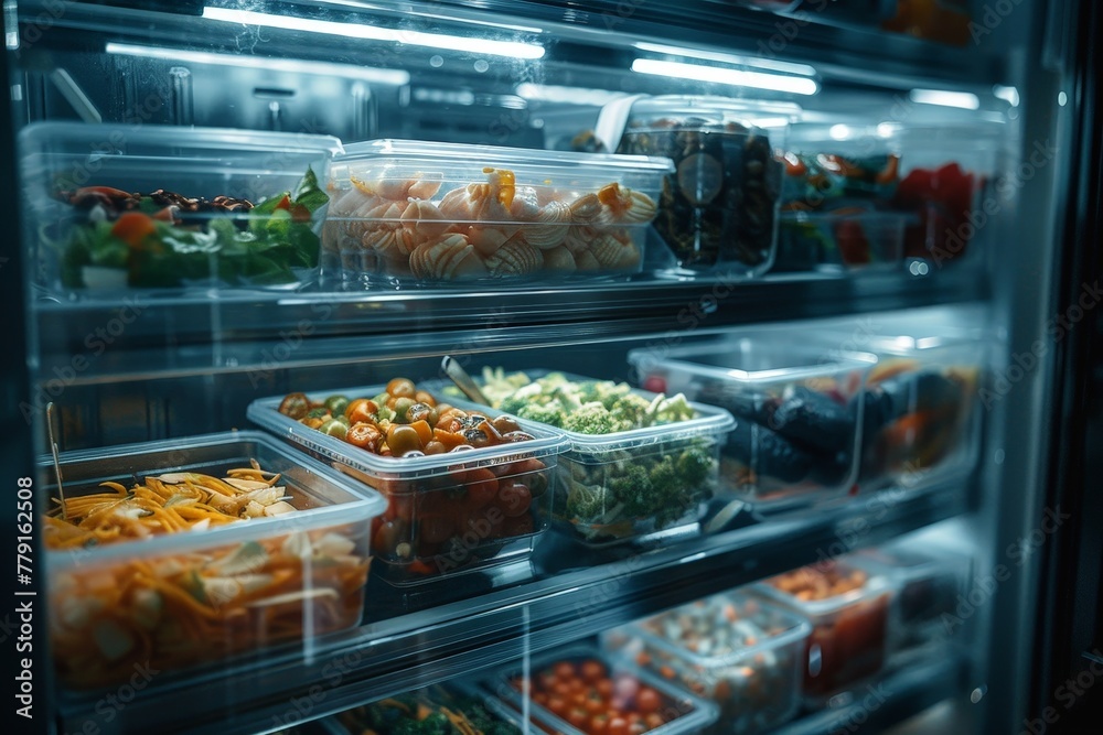 Storing food in the refrigerator. Vegetables and ready-made food in containers. Refrigerator shelves.
