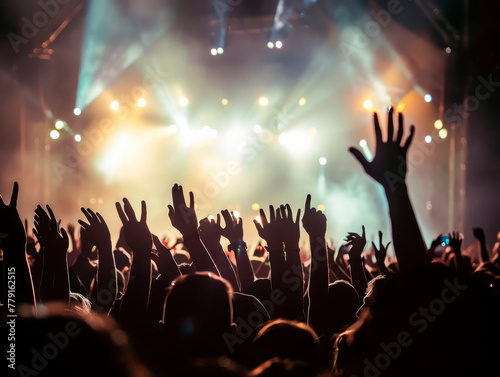 silhouettes of concert crowd in front of bright stage lights.