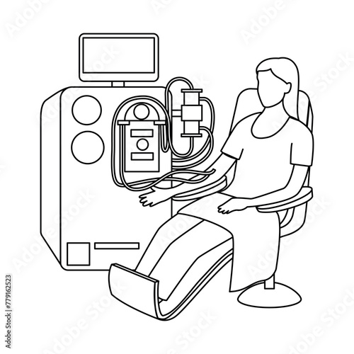 Concept, woman connected to a hemodialysis machine. Artificial blood purification for kidney diseases. Isolated simple black line illustration.Medical poster