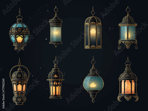 Ramadan Kareem Border, Islamic art Style Background. Symbols of Ramadan Mubarak, Hanging Gold Lanterns, arabic lamps, lanterns moon, star vector and illustration © Pickoloh