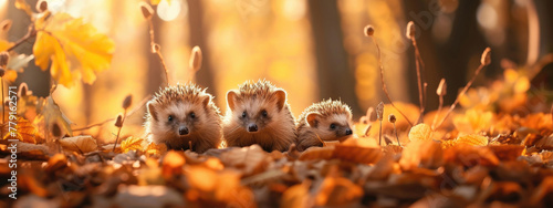 happy hedgehogs are playing on a meadow in the forest © Anna