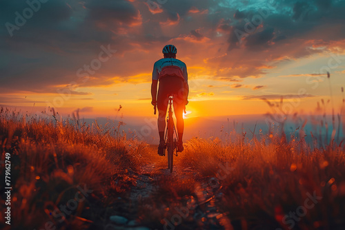 Silhouette of a cyclist on a gravel bike riding on a gravel trail at sunset.