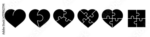 Heart puzzle. Heart puzzle set. Silhouette and linear style. Vector illustration.