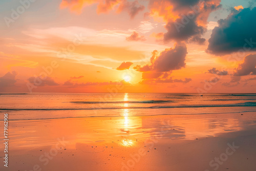 Closeup sea sand beach. Panoramic beach landscape. Inspire tropical beach seascape horizon. Orange and golden sunset sky calmness tranquil relaxing sunlight summer mood.