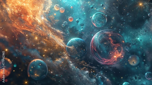 Abstract background nebula with stars and space bubbles floating in the vast universe.