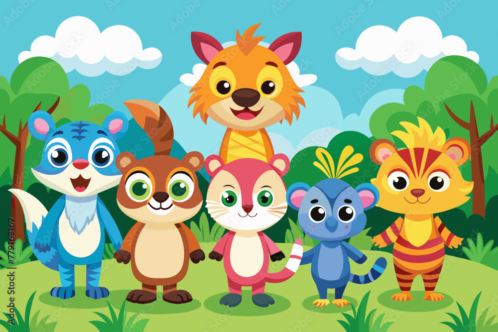 Fototapeta premium Colorful set of little cartoon animals characters