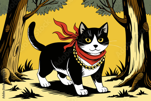 A black and white cat walking  around a tree  a woodcut  inspired by Charles Ginner  s  saku hanga  golden chains  detail  wearing a bandana and chain  brom gerald