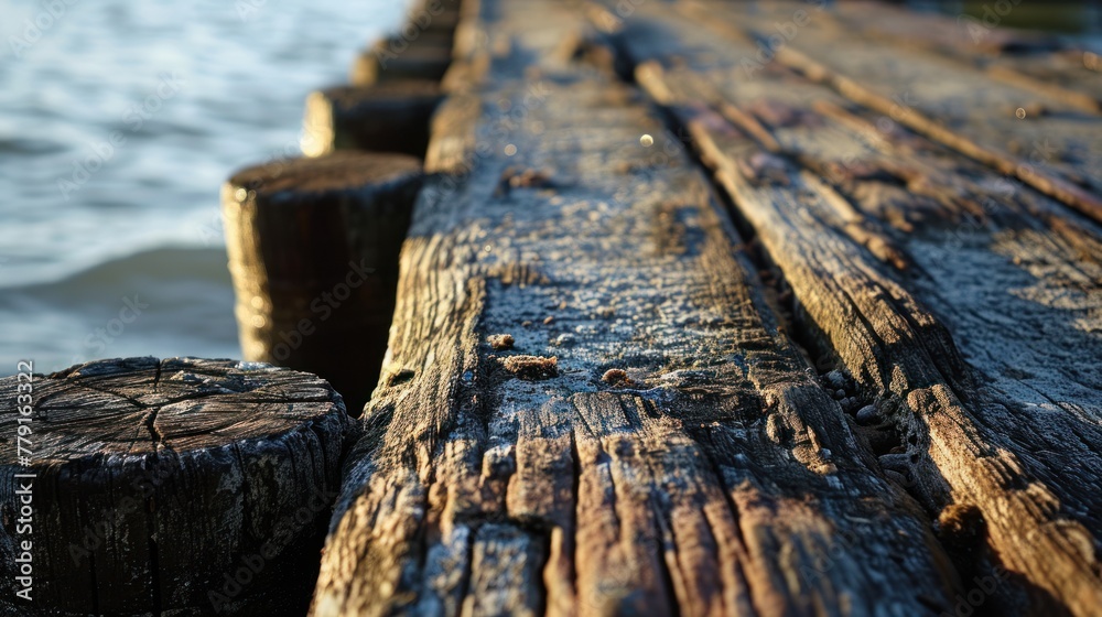 Obraz premium Close-up of a wooden pier against a blurred ocean background. The wood has an aged appearance.