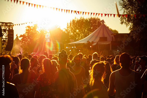 people crowd in the sunshine at a concert, at an open air festival.