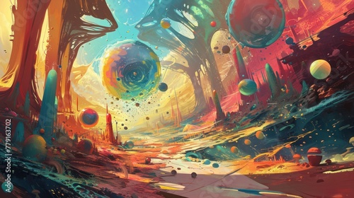 Abstract background of a colorful, surreal landscape. To the left are many floating spheres of different sizes and colors, as well as a tall, skinny structure.