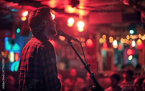 A man singing into a microphone in a crowded bar