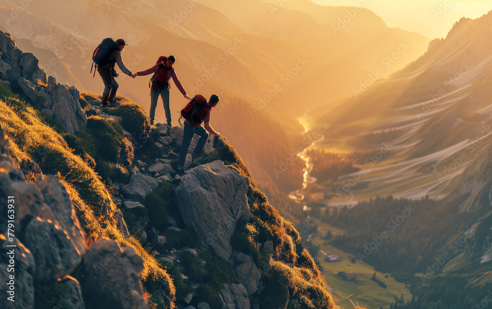 Three people are climbing a mountain together